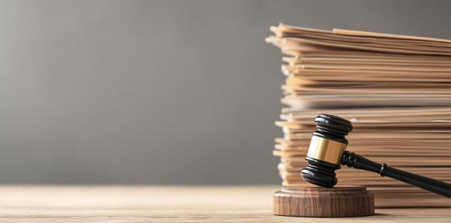A gavel next to a stack of files.