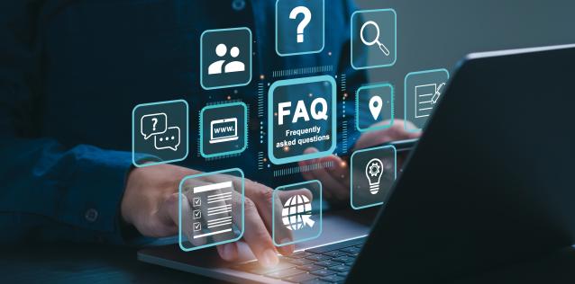 A person on a laptop with digital icons popping up that says FAQ.