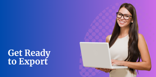 Woman with laptop, text: Get Ready to Export