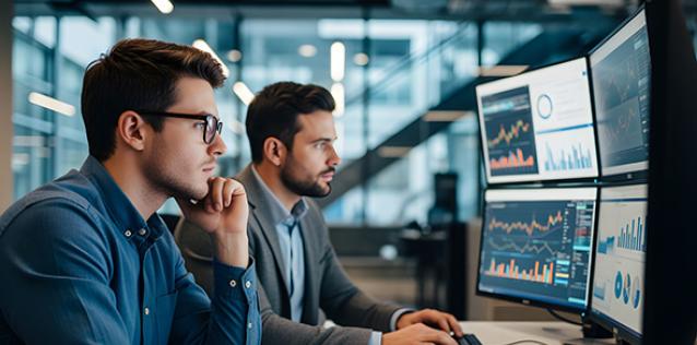 Two young male colleagues intently studying market data on multiple computer screens in an office setting