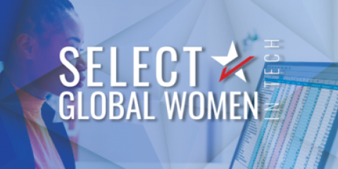 Select Global Women in Tech Logo over an image of a woman looking at a computer screen.