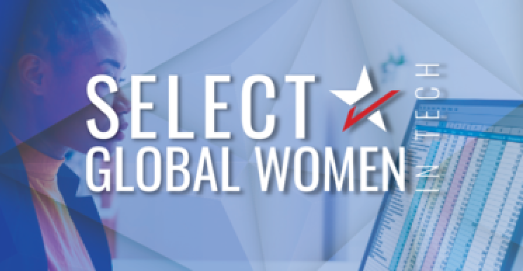 Select Global Women in Tech Logo over an image of a woman looking at a computer screen.