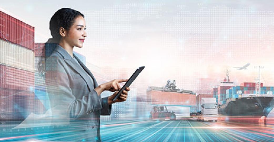 Woman holding a tablet with different exporting transit options in the background