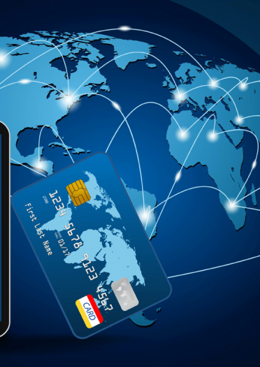 World map with digital overlay and arrows, shopping cart, and credit card