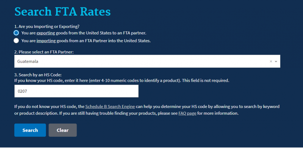 Screenshot of the FTA Tariff Tool Menu asking whether the user is exporting or importing, which FTA partner they are interested in, and which HS product code. 