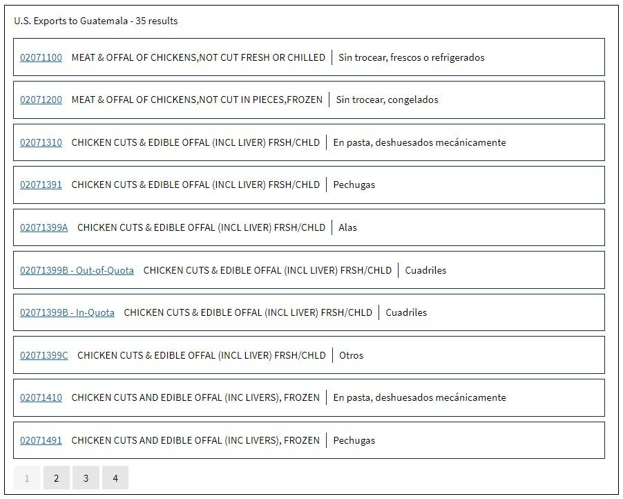Screenshot of the results list of the FTA Tariff Tool search