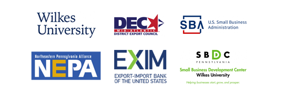 Partner logos for Building Bridges program including Wilkes Univ, Mid-Atlantic District Export Council, SBA, EXIM, NEPA, and SBDC