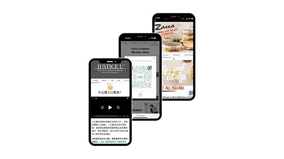 Three phones with QR codes and websites