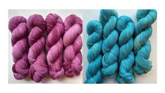 Appalachian-grown, hand-dyed blue and maroon yarns