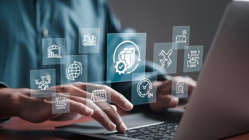 An anonymous man browses a laptop with artistic icons representing distribution float between him and the screen