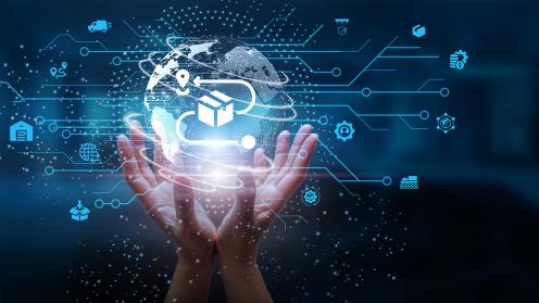 Hands clasped together holding an bauble with icons representing product distribution