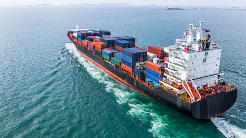A cargo ship moves over open water