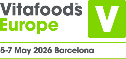 Black Vitafoods text; lime green Europe text under Vitafoods. Date of May 5-7, 2026 in black text outlined by lime green lines. to the right of text is a lime green square with a white, bold V in the center  text on white background.